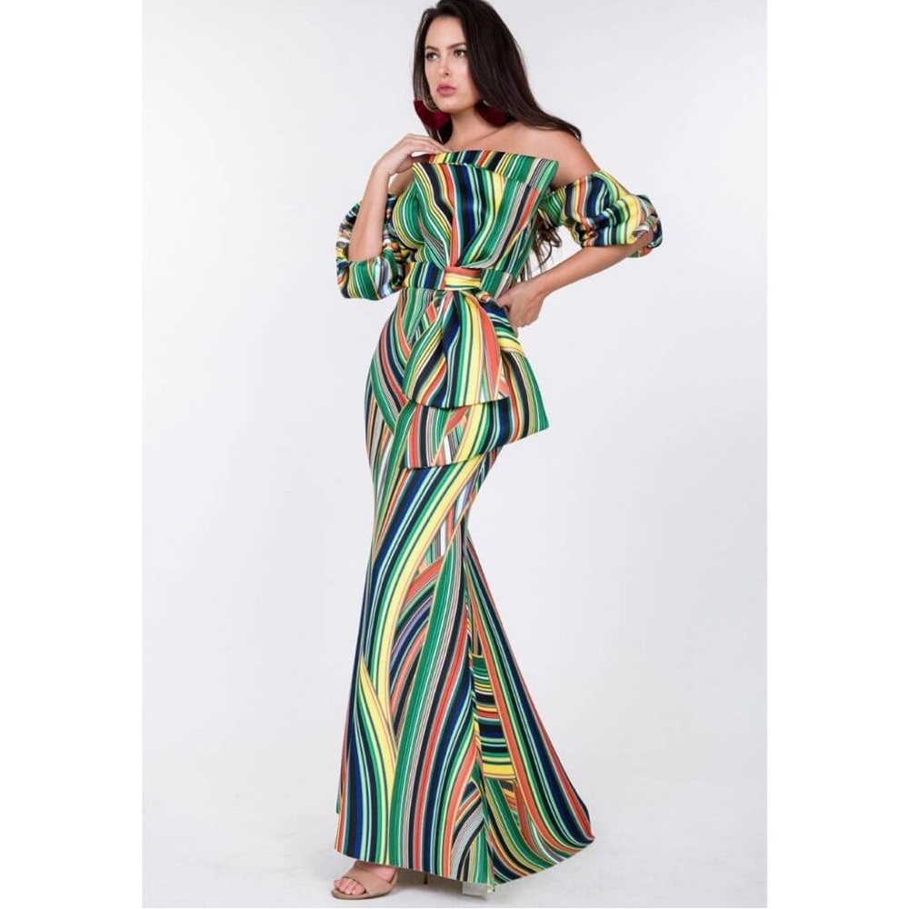 New CQbyCQ Multi Color Off Shoulder Puff Sleeve Neoprene Maxi Dress Gown sz S